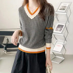 Pull Col V Motif Pied de Poule