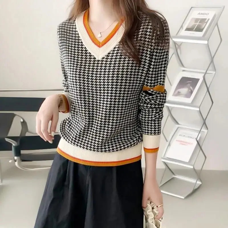 Pull Col V Motif Pied de Poule