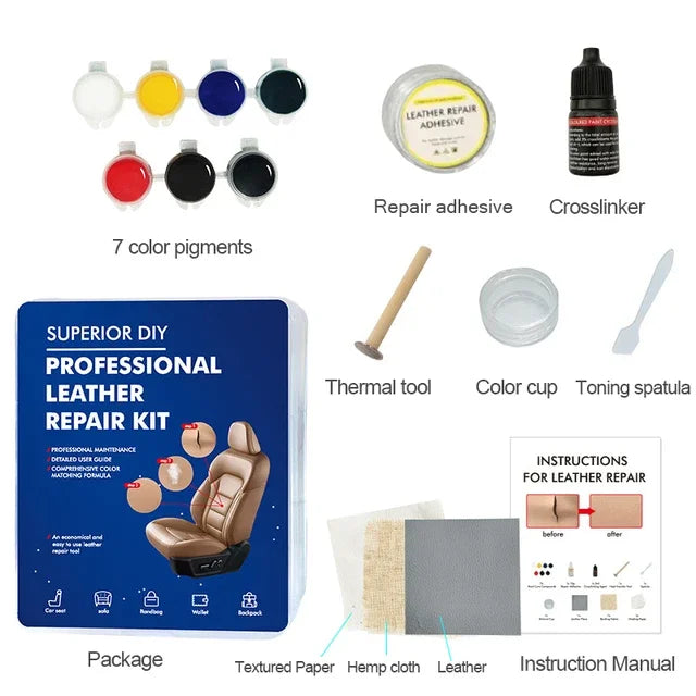 Kit Réparation Cuir Professionnel DIY — 6 Coloris, Rayures & Fissures, Siège Auto & Canapé