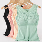 Débardeur Thermique Femme avec Soutien-Gorge Intégré Rembourré – Dentelle Florale, Col V & Sans Manches