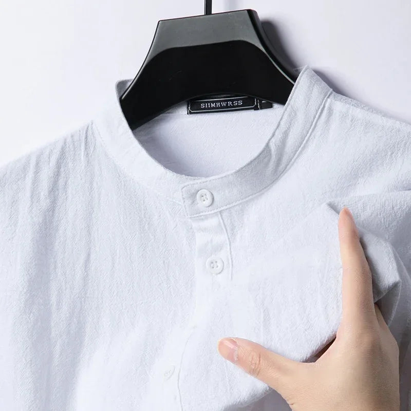 Chemise Henley Homme en Coton & Lin – Manches Longues, Légère et Respirante, Style Décontracté