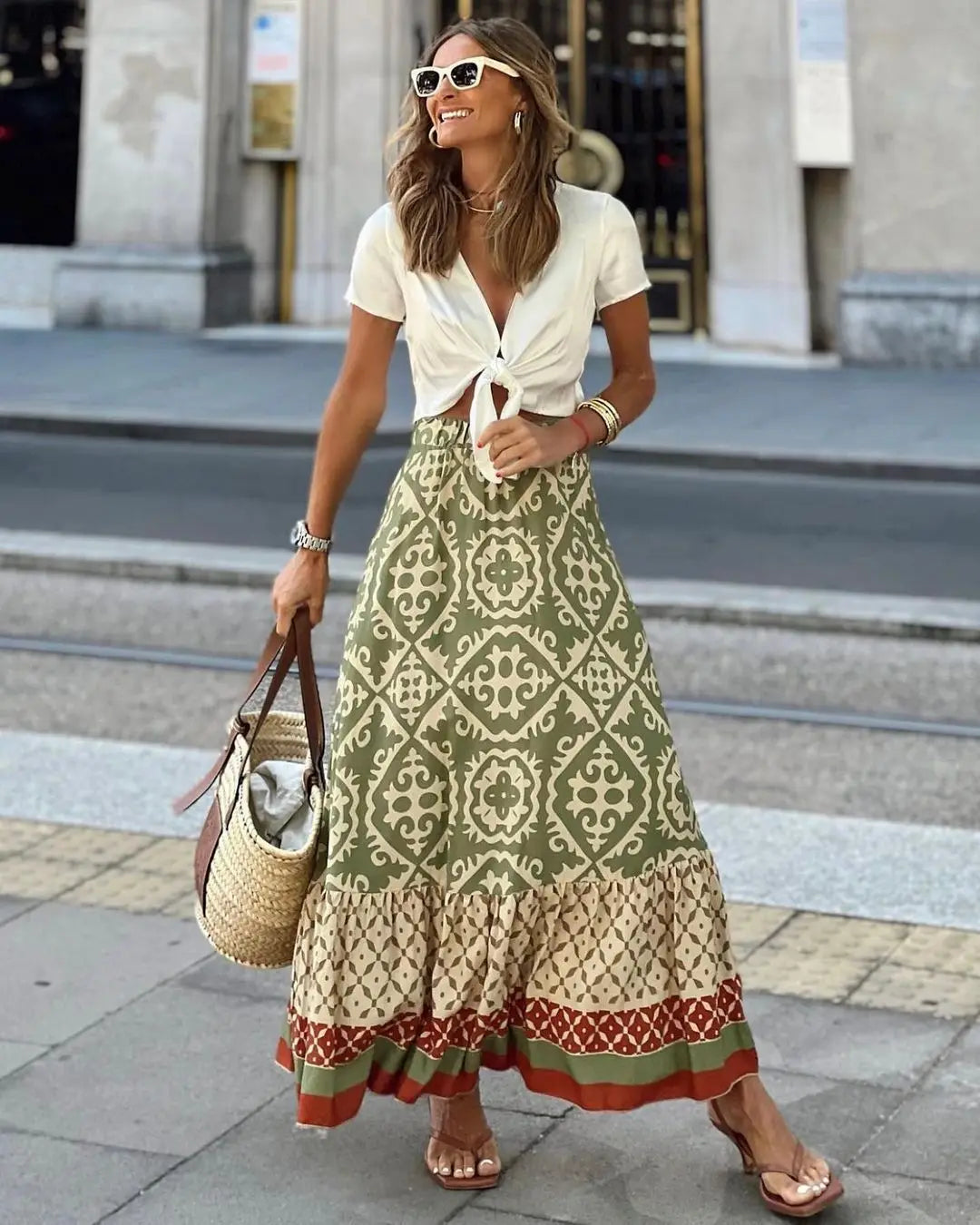 Jupe Longue à Taille Élastique et à Volant à Motifs Ethniques