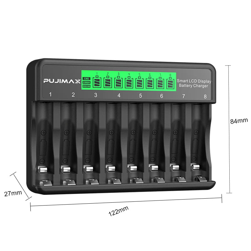 Chargeur de Piles Intelligent 8 Slots – Écran LCD et Charge Rapide USB-C pour AA/AAA Ni-MH & Ni-CD
