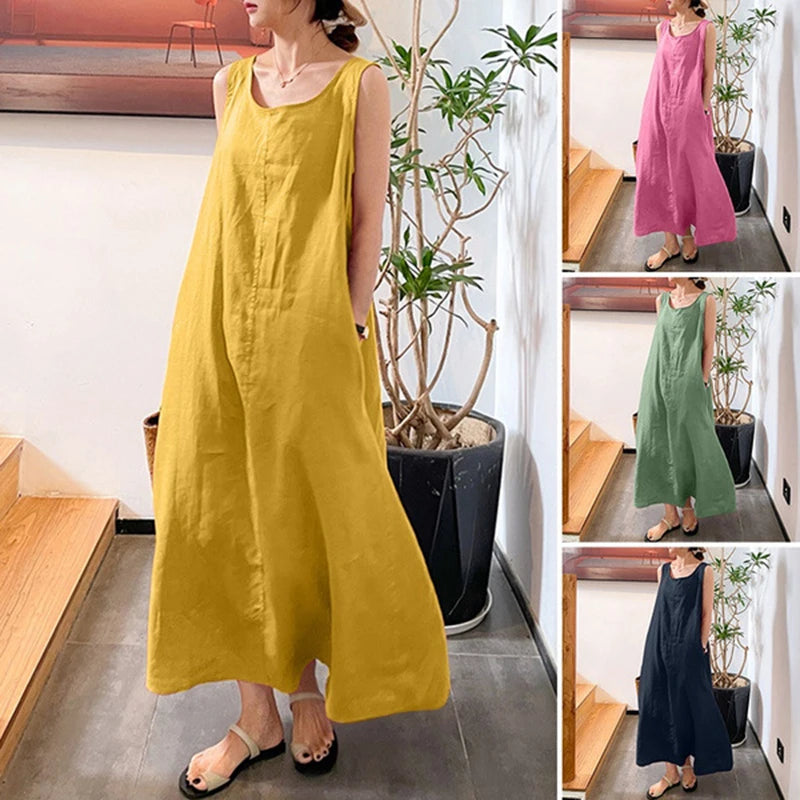 Robe longue et ample Boho en coton et lin avec poch