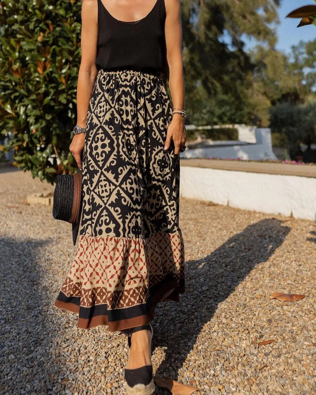 Jupe Longue à Taille Élastique et à Volant à Motifs Ethniques