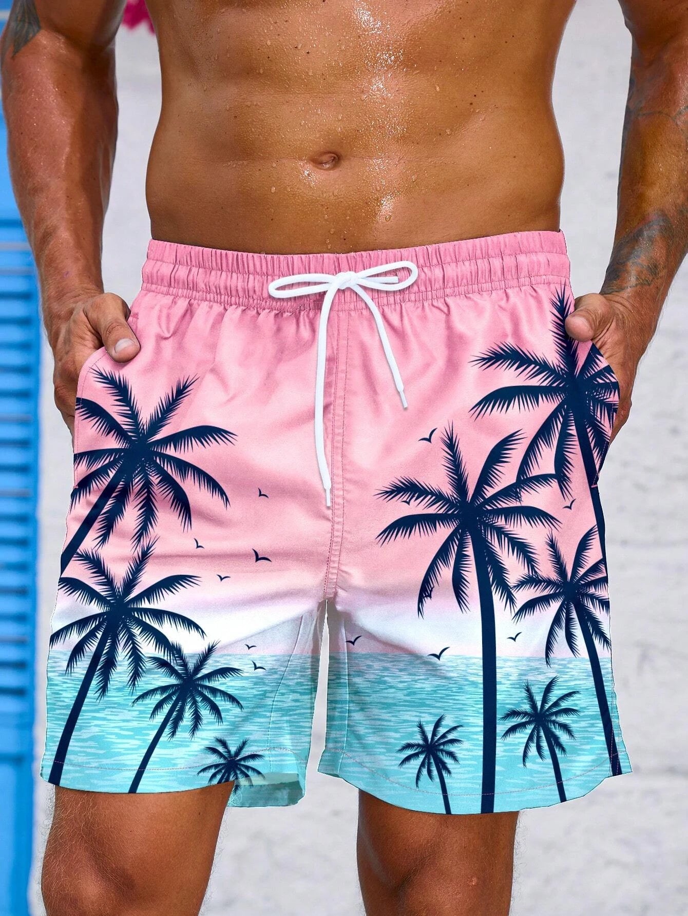 Short de Bain à Cordon et Imprimé Palmier Tropical