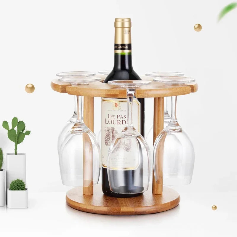 Support pour bouteille de vin et 6 verres à vin en bambou