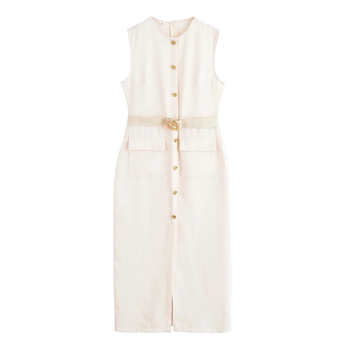 Robe de Bureau Mi-Longue Sans Manche - Détails Boutons & Ceinture Bijoux
