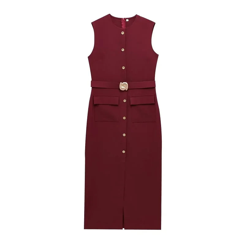 Robe de Bureau Mi-Longue Sans Manche - Détails Boutons & Ceinture Bijoux