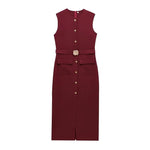Robe de Bureau Mi-Longue Sans Manche - Détails Boutons & Ceinture Bijoux