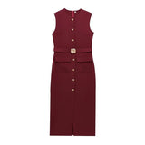 Robe de Bureau Mi-Longue Sans Manche - Détails Boutons & Ceinture Bijoux