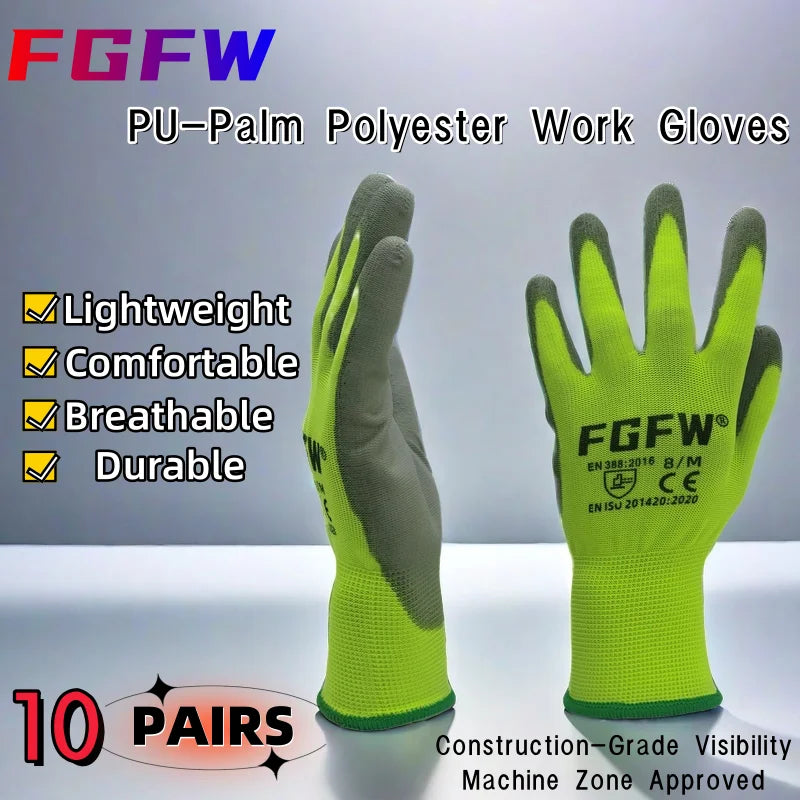 10 Paires de Gants de Travail de Sécurité Enduits en PU - Certifiés EN 388