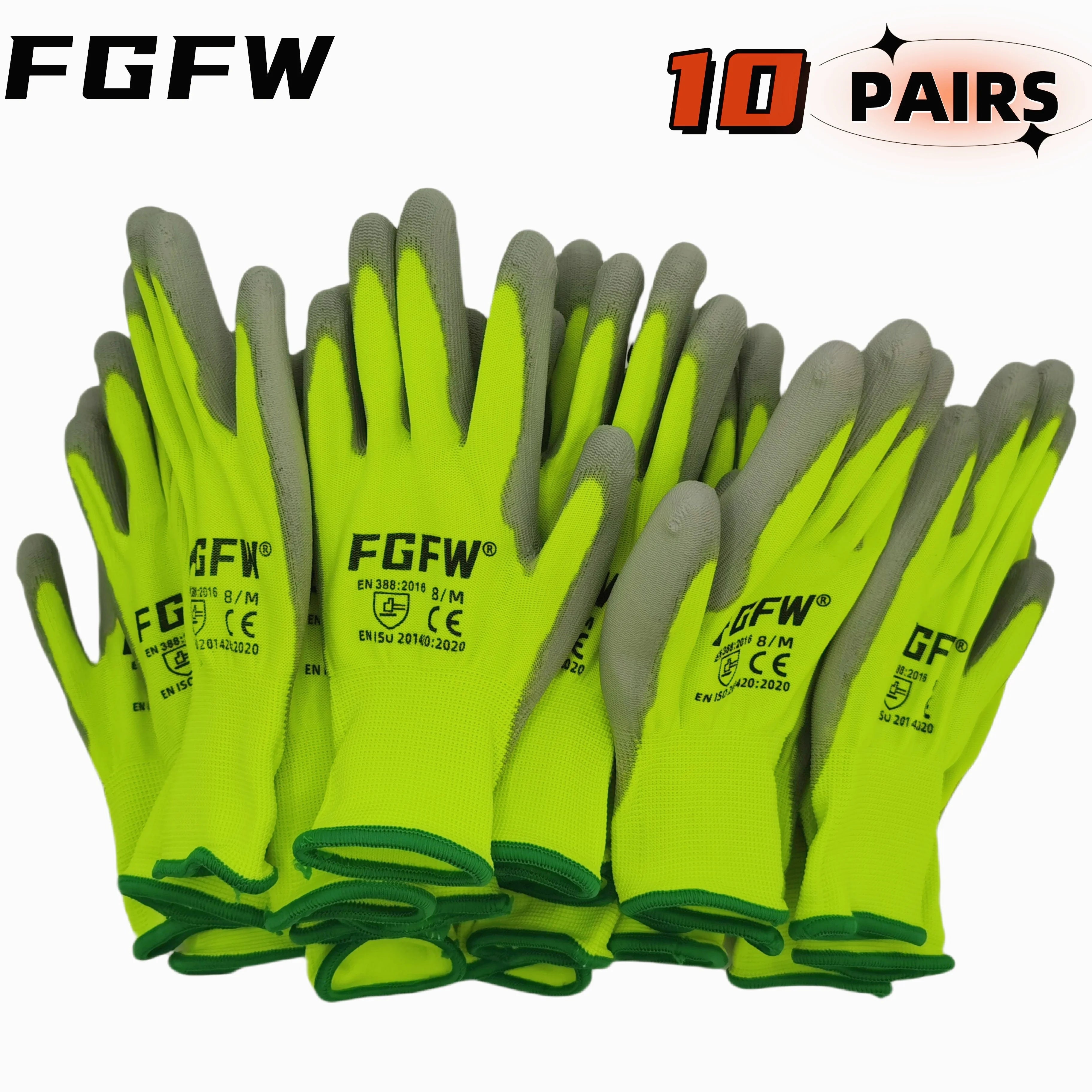 10 Paires de Gants de Travail de Sécurité Enduits en PU - Certifiés EN 388