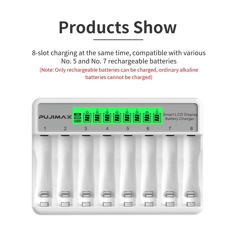 Chargeur de Piles Intelligent 8 Slots – Écran LCD et Charge Rapide USB-C pour AA/AAA Ni-MH & Ni-CD