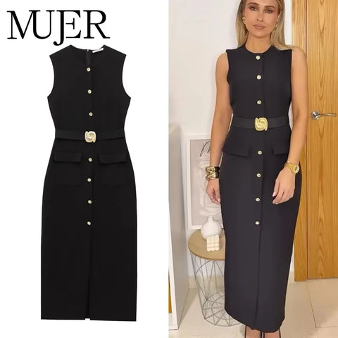Robe de Bureau Mi-Longue Sans Manche - Détails Boutons & Ceinture Bijoux