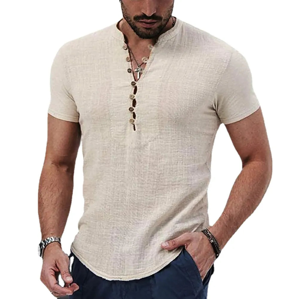 T-shirt vintage manches courtes et col en V coton et lin