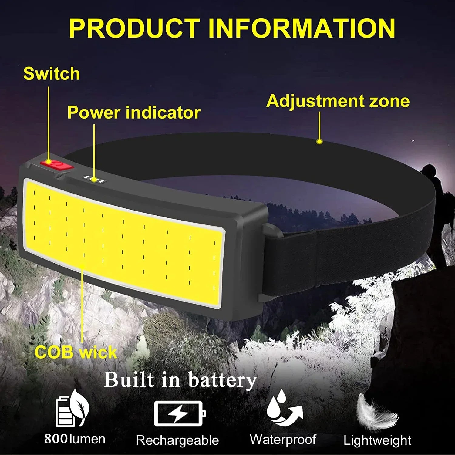 Lampe Frontale LED COB Rechargeable – 3 Modes 800 Lumens