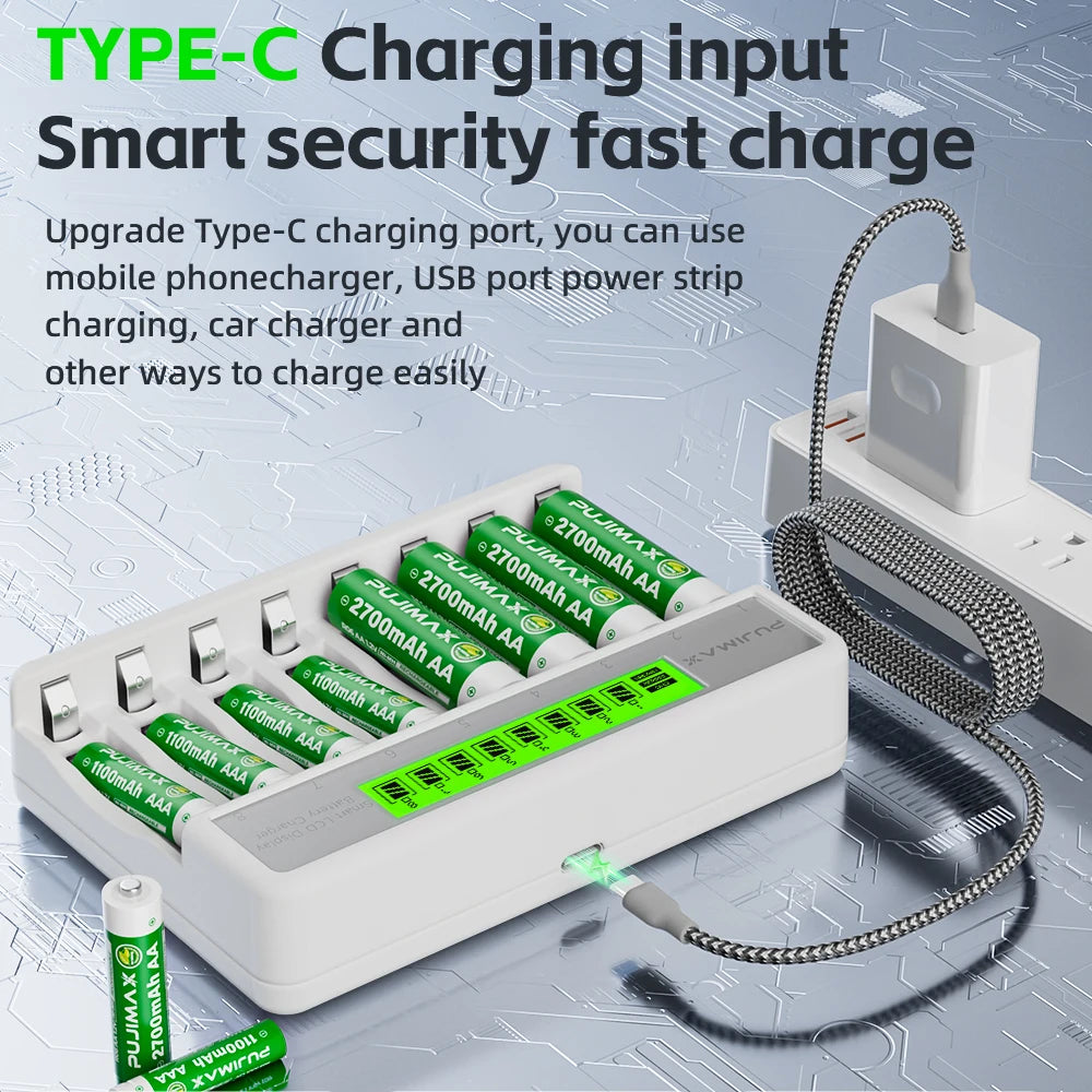 Chargeur de Piles Intelligent 8 Slots – Écran LCD et Charge Rapide USB-C pour AA/AAA Ni-MH & Ni-CD