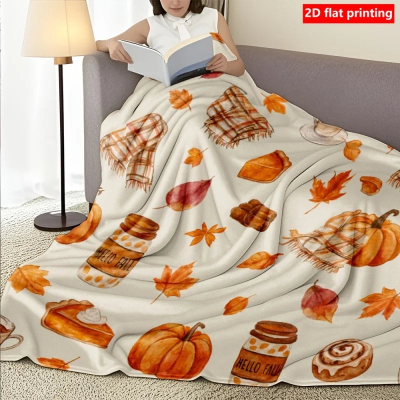 Plaid en Flanelle Douce Motif Automnal – Citrouilles et Feuilles d’Érable