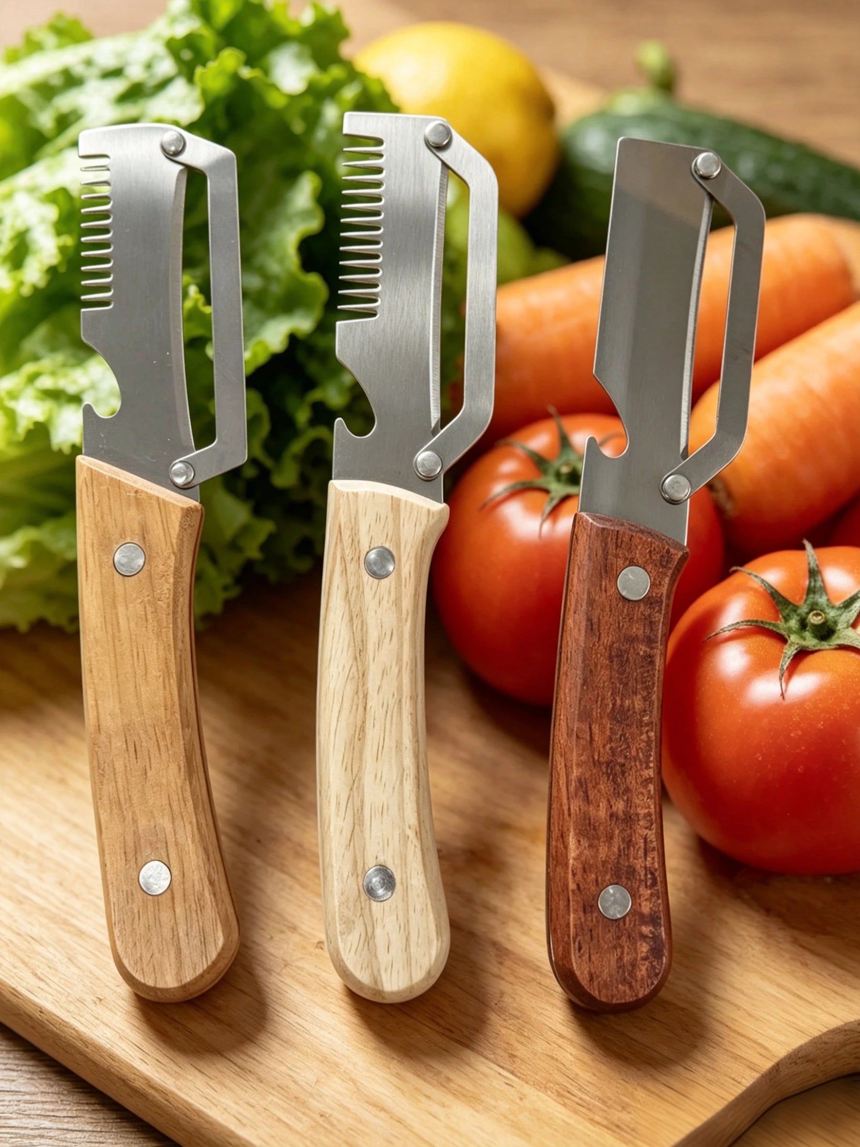 Lot de 3 Éplucheurs 4-en-1 en Acier Inox & Manche en Bois – Épluche, Coupe en Julienne, Tranche et Décapsule