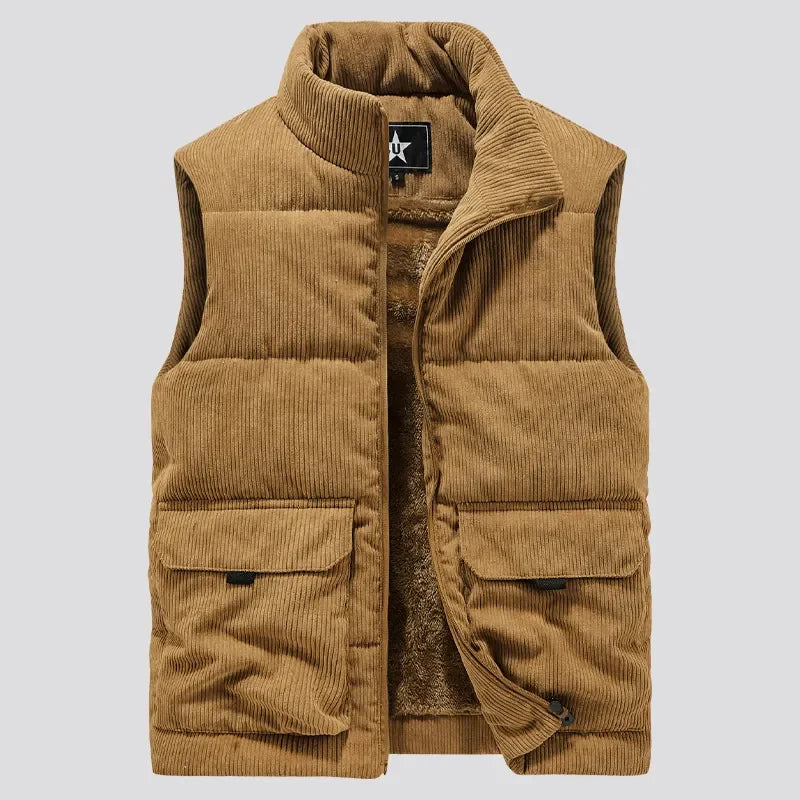 Corduroy sleeveless jacket with double pockets - Fleece lining