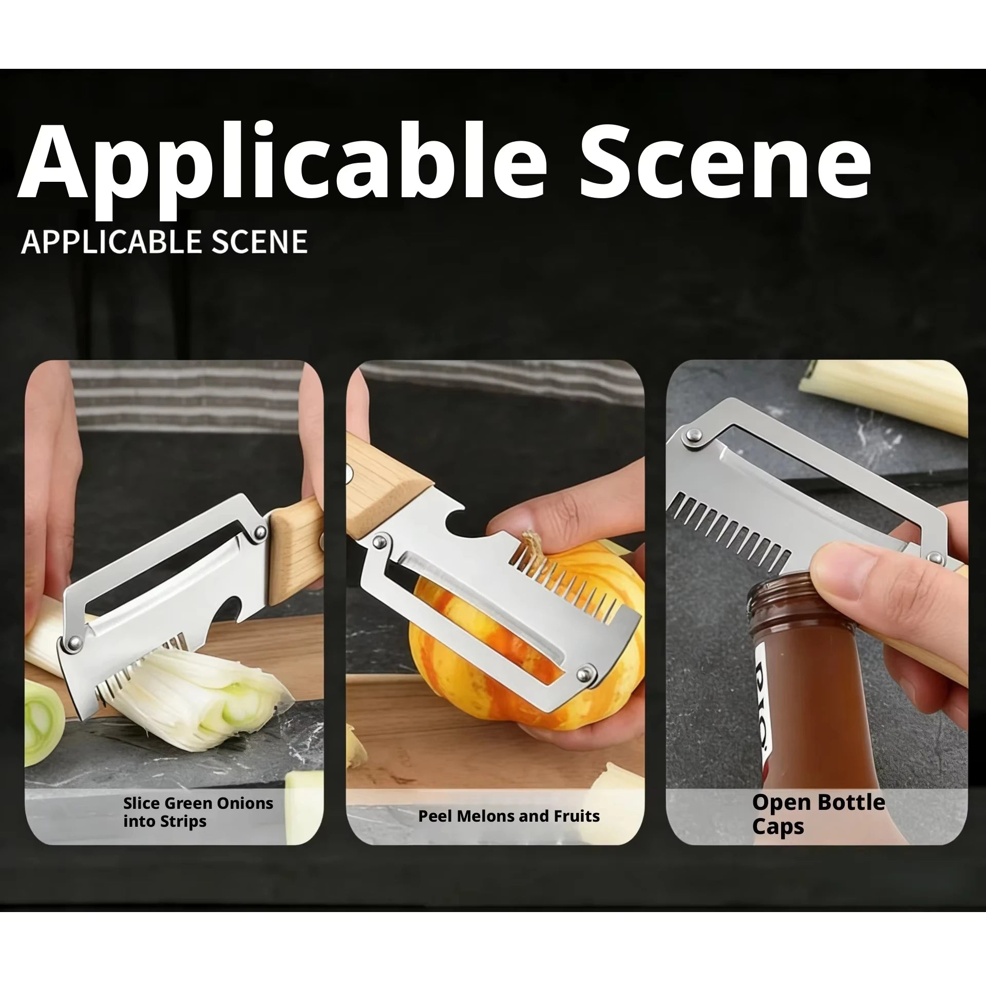 Lot de 3 Éplucheurs 4-en-1 en Acier Inox & Manche en Bois – Épluche, Coupe en Julienne, Tranche et Décapsule