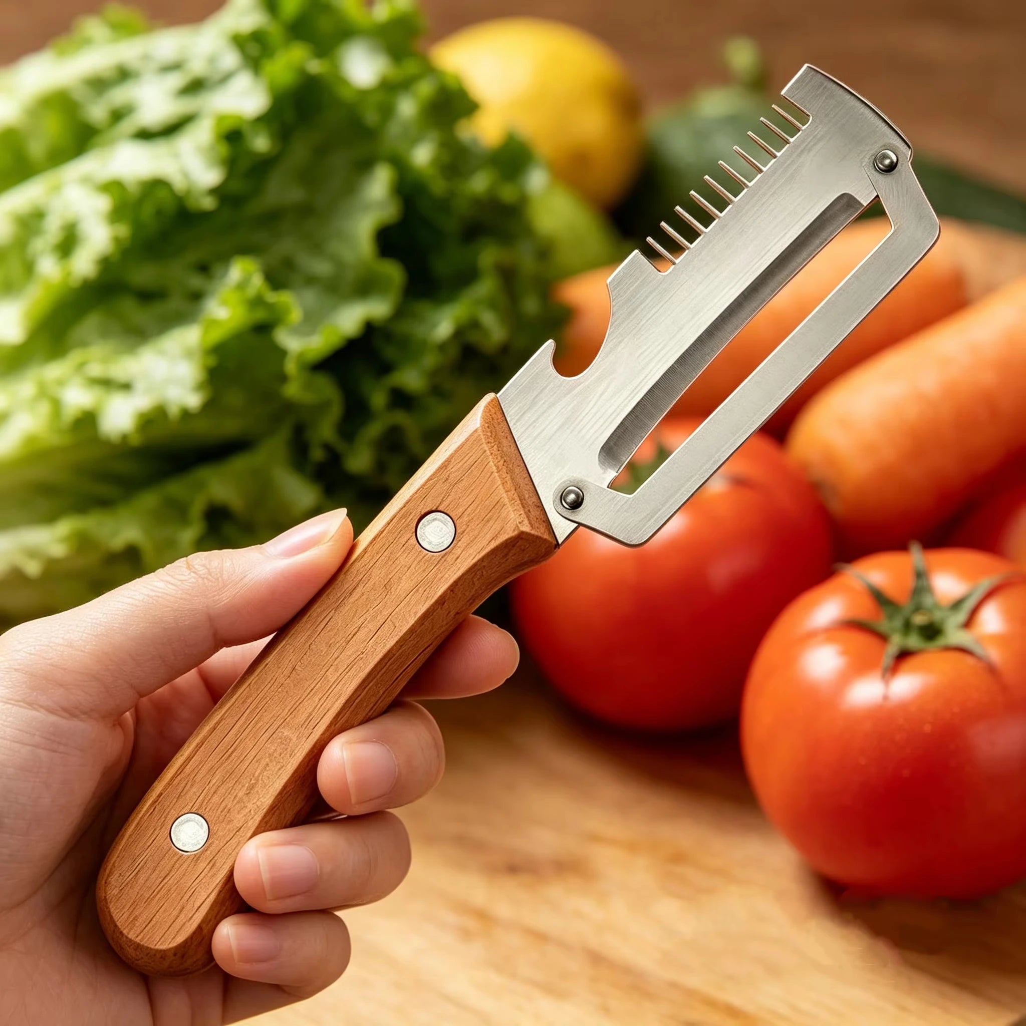 Lot de 3 Éplucheurs 4-en-1 en Acier Inox & Manche en Bois – Épluche, Coupe en Julienne, Tranche et Décapsule