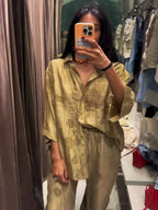 Ensemble léger chemise oversize et pantalon fluide - Motif Feuille