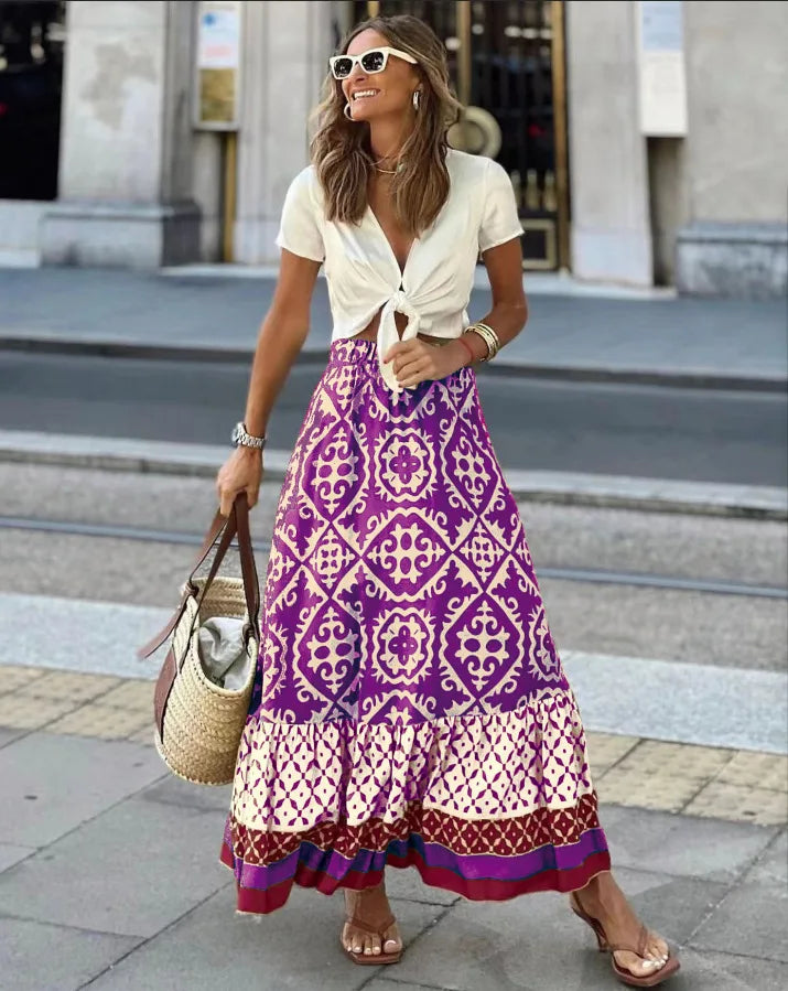 Jupe Longue à Taille Élastique et à Volant à Motifs Ethniques