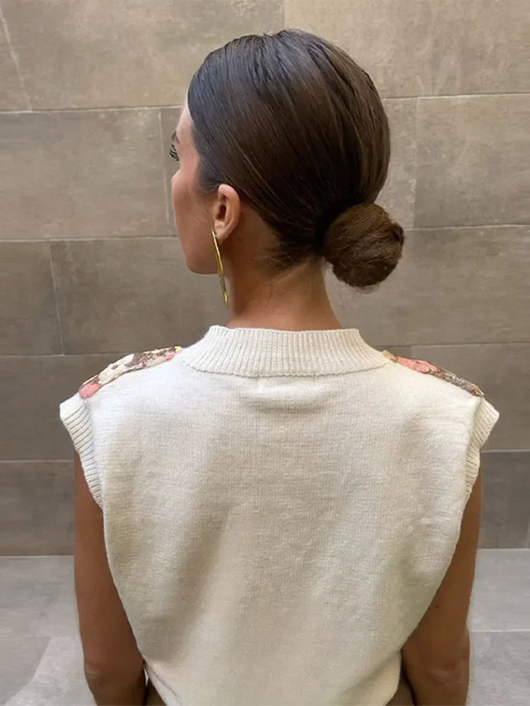 Pull chic à col en V sans manches pour femme - Motif paillettes et fleurs