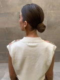 Pull chic à col en V sans manches pour femme - Motif paillettes et fleurs