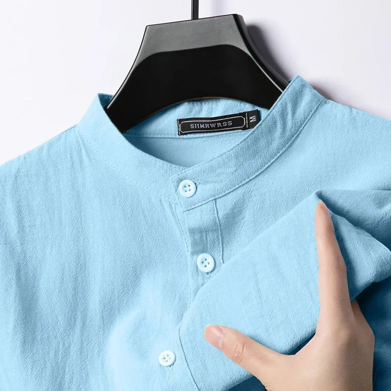 Chemise Henley Homme en Coton & Lin – Manches Longues, Légère et Respirante, Style Décontracté