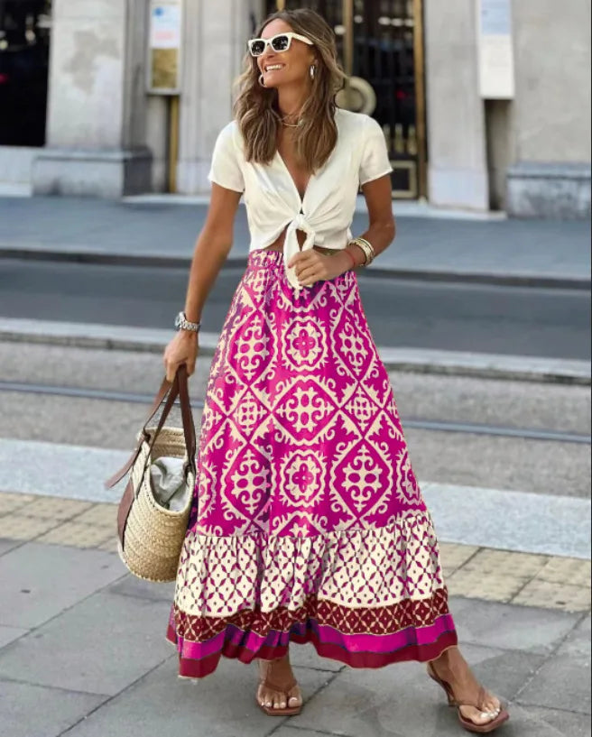 Jupe Longue à Taille Élastique et à Volant à Motifs Ethniques