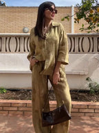 Ensemble léger chemise oversize et pantalon fluide - Motif Feuille