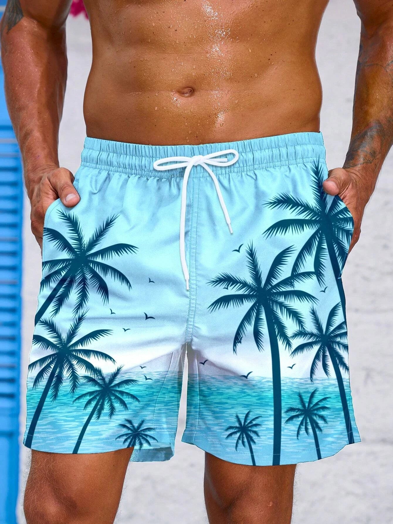 Short de Bain à Cordon et Imprimé Palmier Tropical