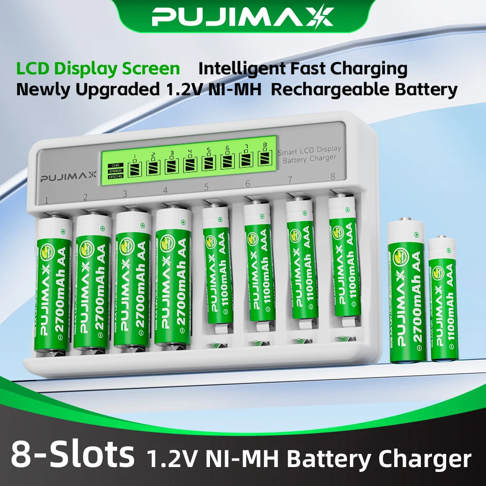 Chargeur de Piles Intelligent 8 Slots – Écran LCD et Charge Rapide USB-C pour AA/AAA Ni-MH & Ni-CD