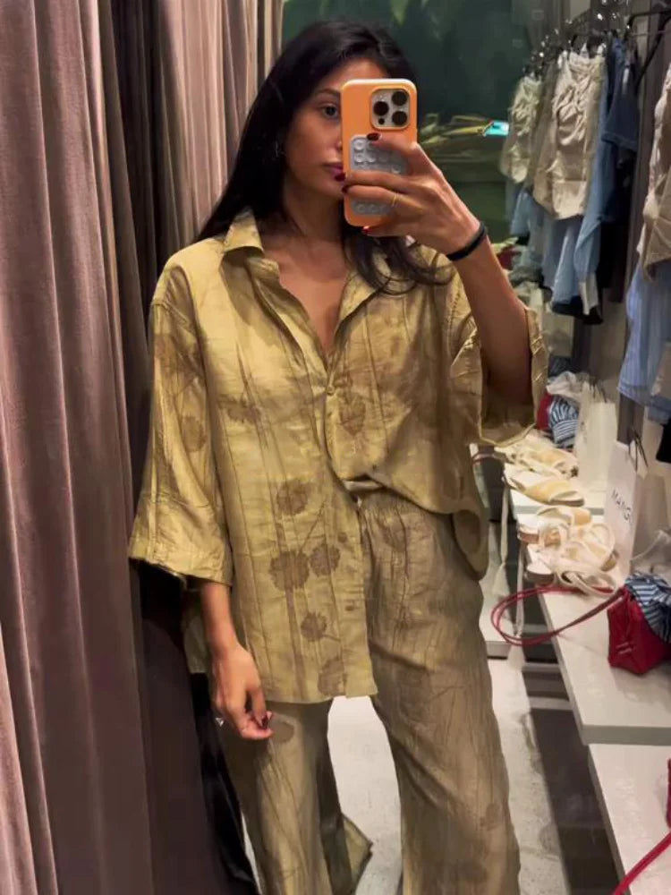 Ensemble léger chemise oversize et pantalon fluide - Motif Feuille