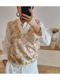 Pull chic à col en V sans manches pour femme - Motif paillettes et fleurs