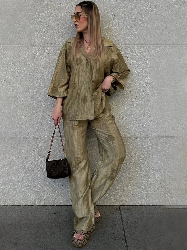 Ensemble léger chemise oversize et pantalon fluide - Motif Feuille