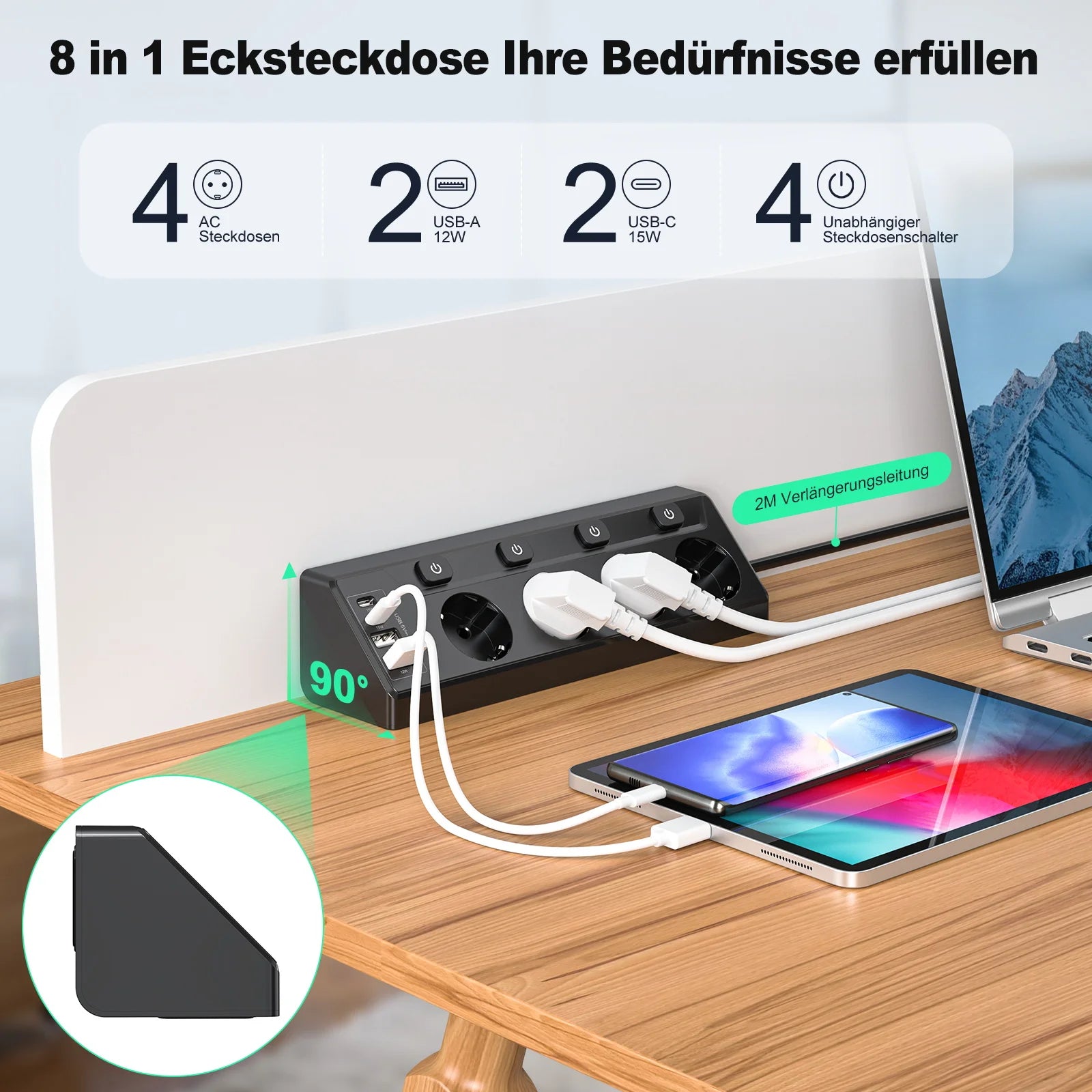 Multiprise Angle 4 Voies avec USB & Type-C