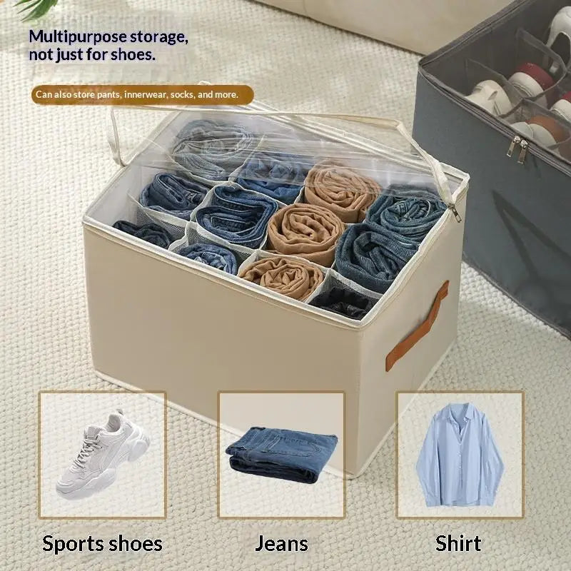 Organisateur Pliable pour 12 Paires de Chaussures – Boîte en Tissu avec Couvercle Transparent Zippé & Poignée