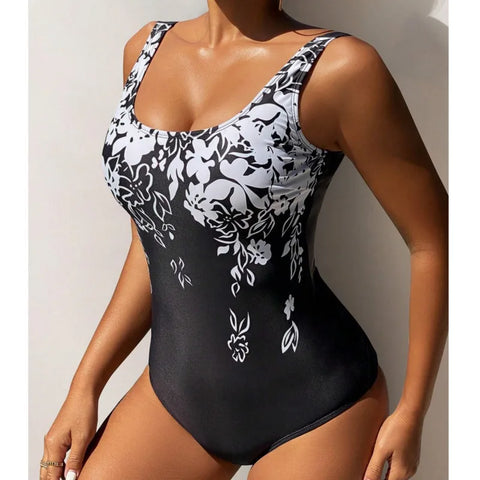 Maillot de Bain Une Pièce Noir à Motif Floral