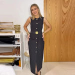 Robe de Bureau Mi-Longue Sans Manche - Détails Boutons & Ceinture Bijoux