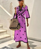 Robe Bohème Élégante à Broderies Contrastées