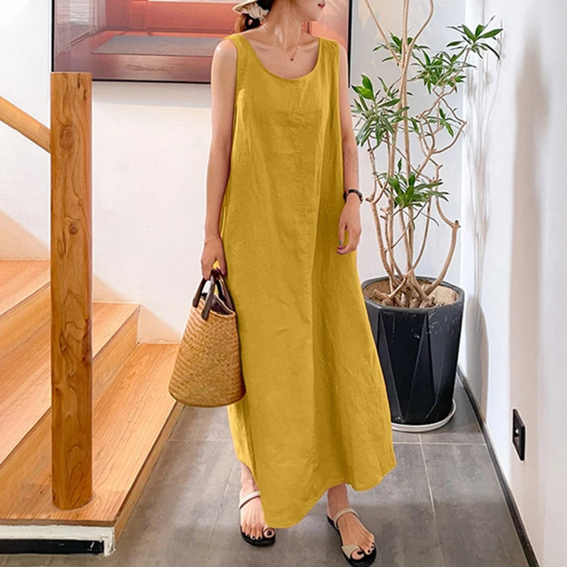 Robe longue et ample Boho en coton et lin avec poch