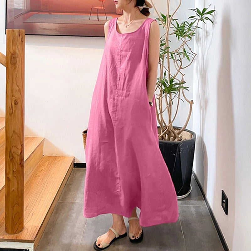 Robe longue et ample Boho en coton et lin avec poch
