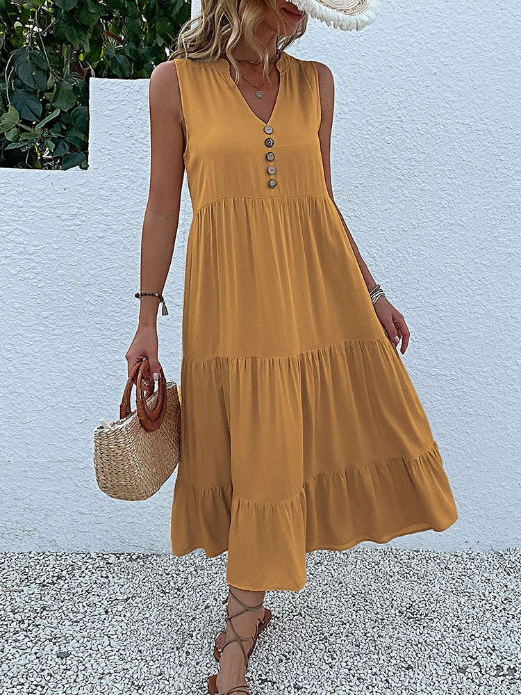 Robe sans manche en viscose détails boutons - Collection été 2023