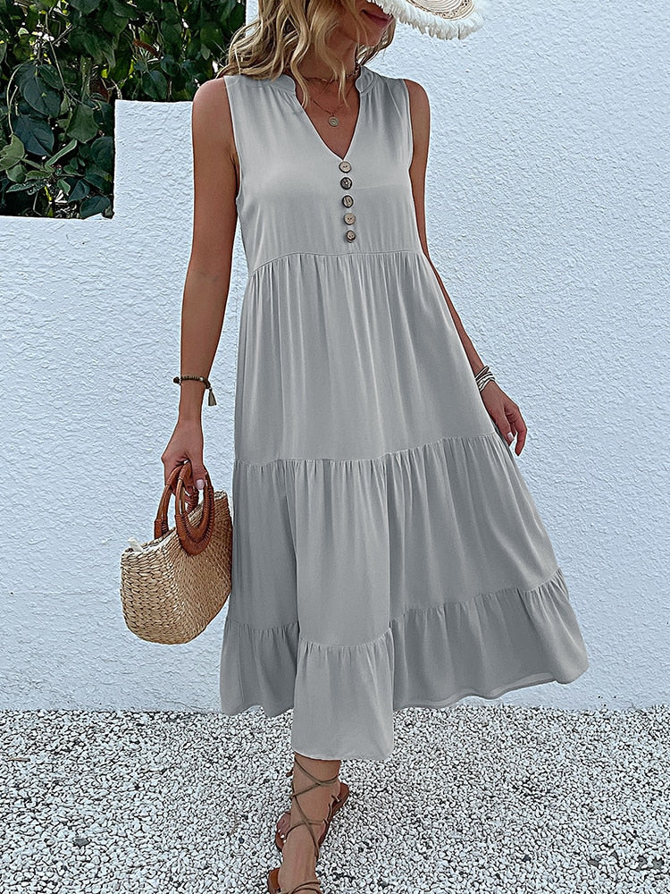 Robe sans manche en viscose détails boutons - Collection été 2023