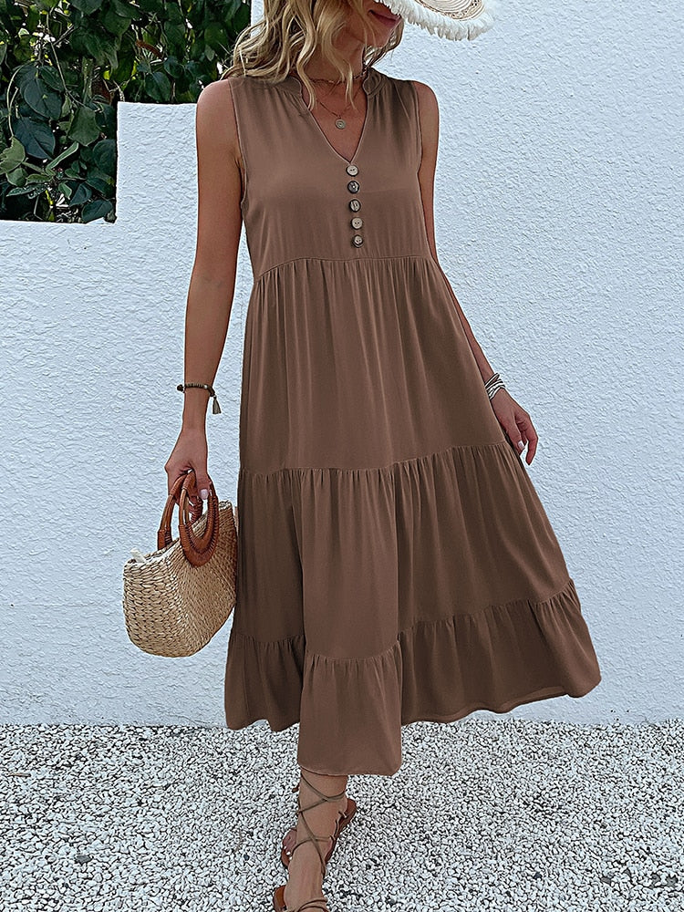 Robe sans manche en viscose détails boutons - Collection été 2023