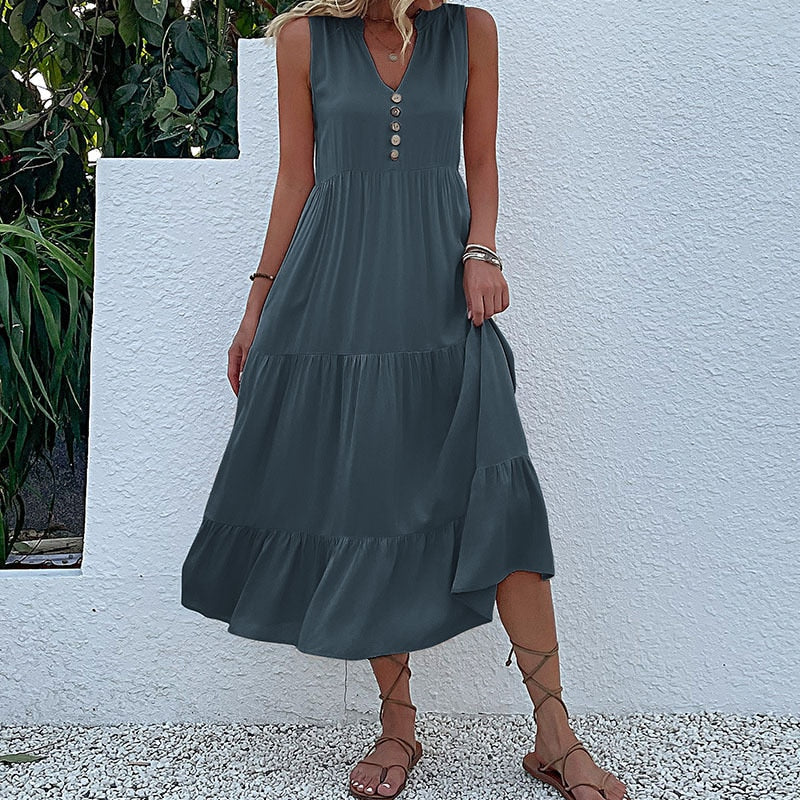 Robe sans manche en viscose détails boutons - Collection été 2023
